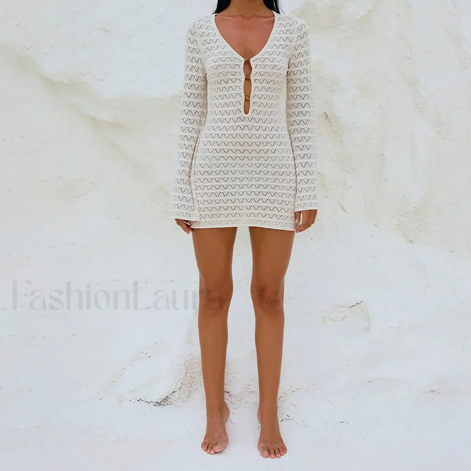 Solid Color Hollow-Out Long Sleeve Knitted Cover Up - Image 3