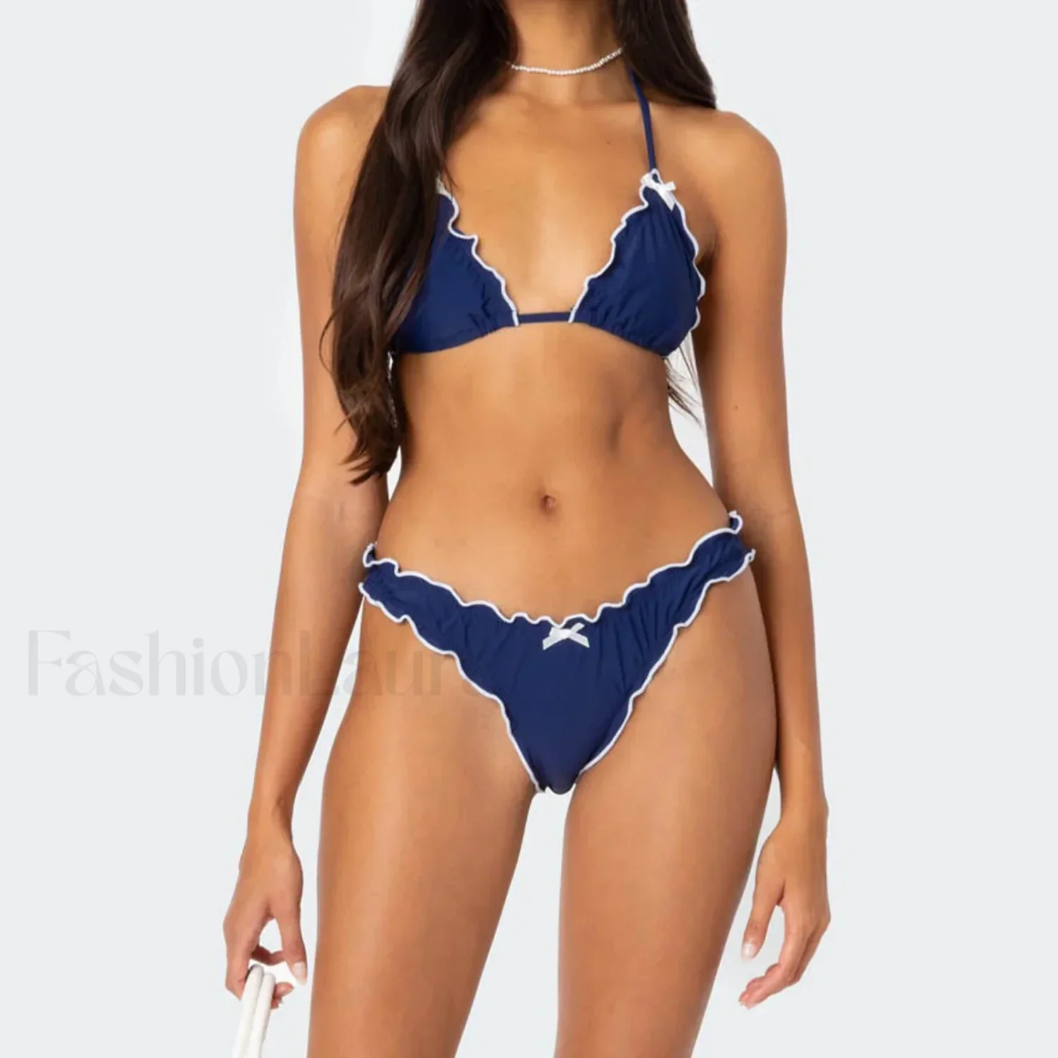Solid Color Lettuce Trim Bikini Set - Image 3