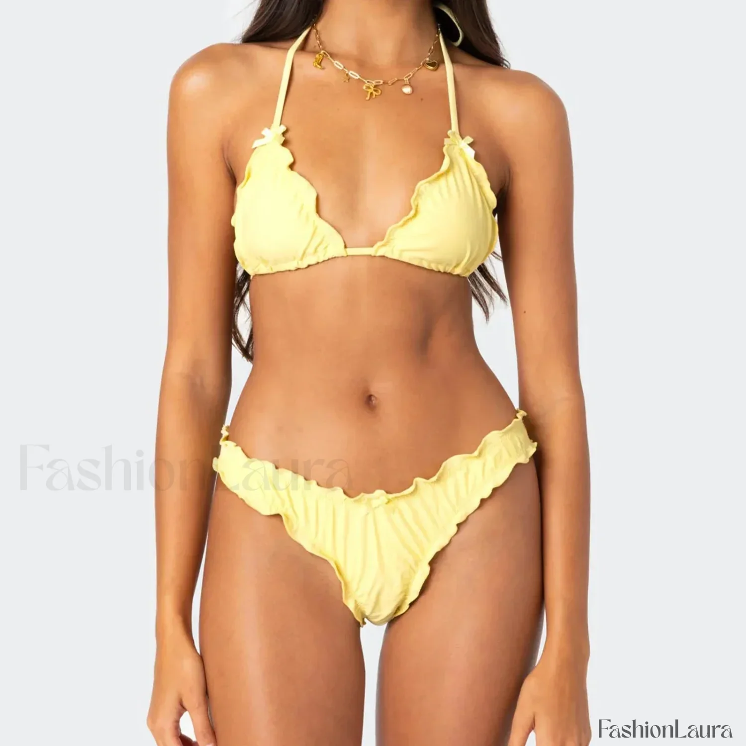 Solid Color Lettuce Trim Bikini Set - Image 9