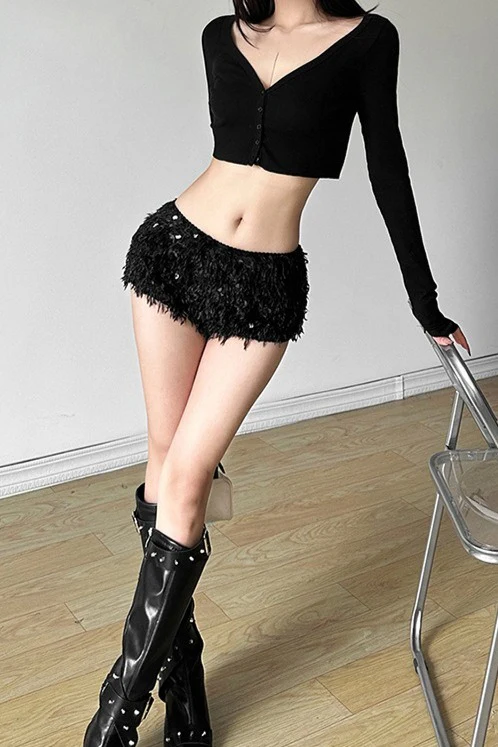 Solid Color Sequin Low Rise Shorts - Image 3