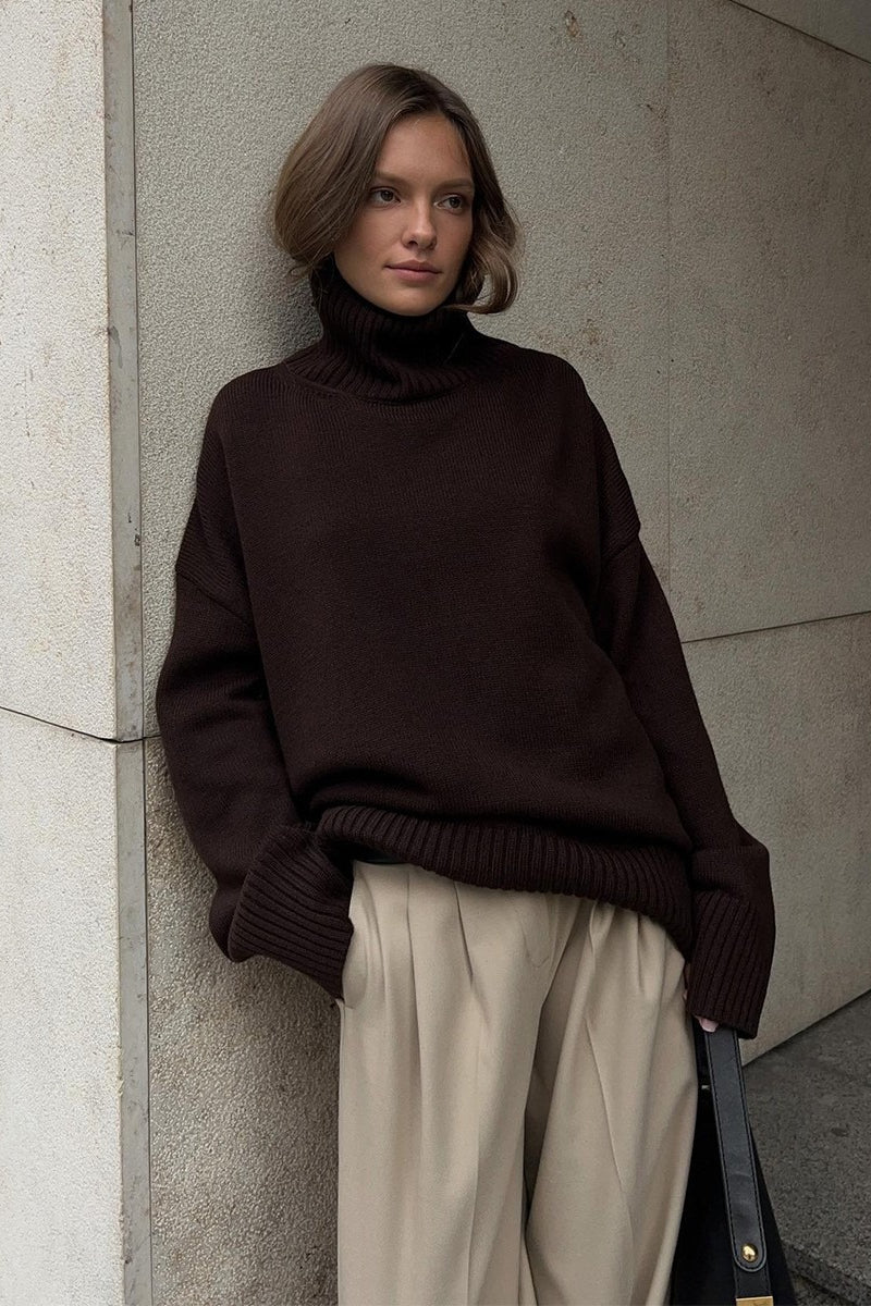 Solid Color Turtleneck Knit Sweater - Image 2