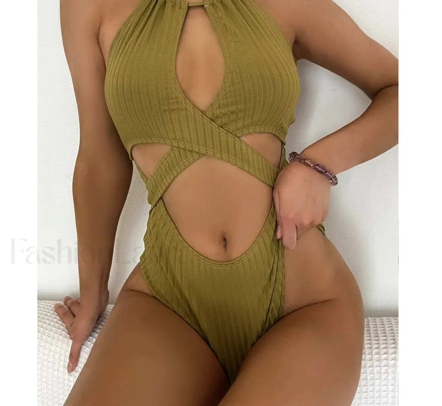 Solid Halter Cross Hollow One Piece - Image 2