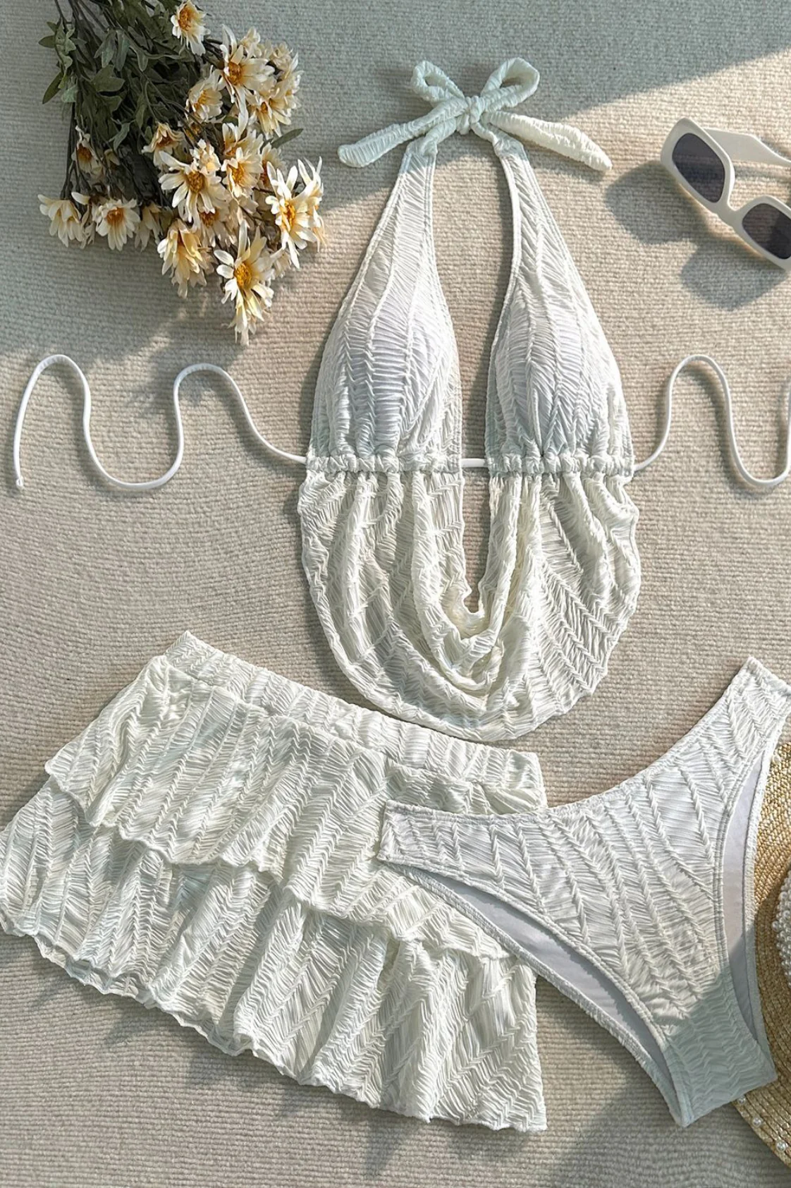 Solid Halter Ruffle Three Piece Swim Set - Image 8