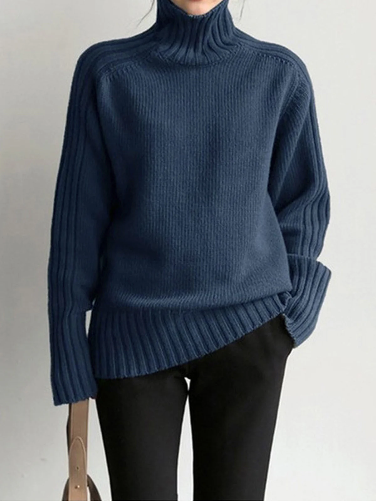 Solid High Graceful Neck Knit Sweater - Image 2