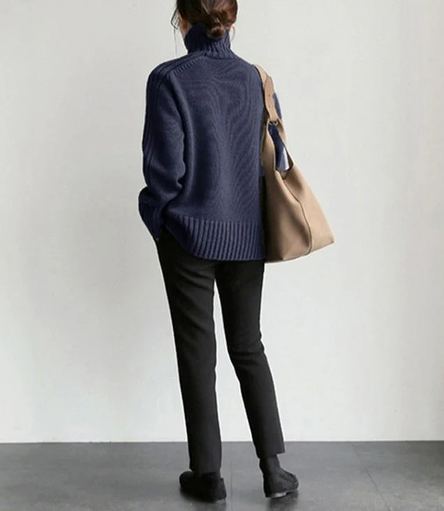 Solid High Graceful Neck Knit Sweater - Image 3