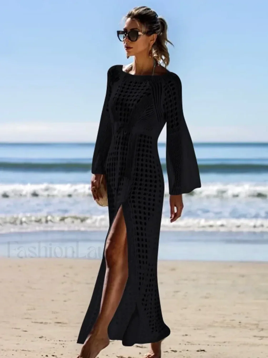 Solid Hollow Lace Up Slit Cut Cover Up - Image 3