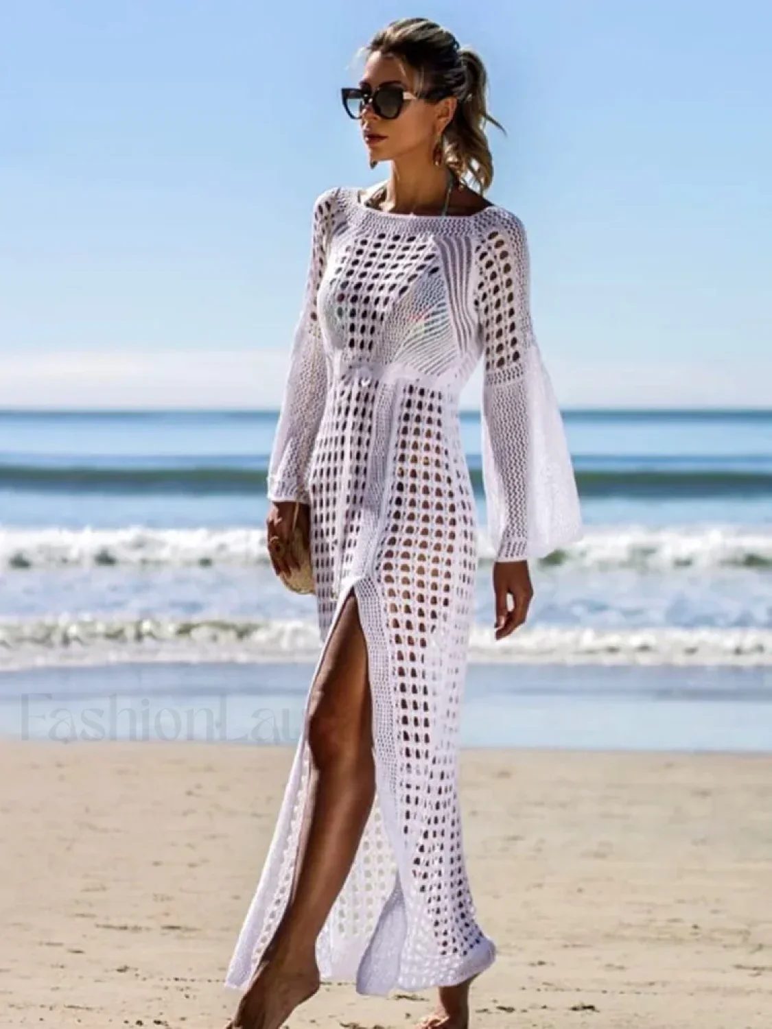 Solid Hollow Lace Up Slit Cut Cover Up - Image 8