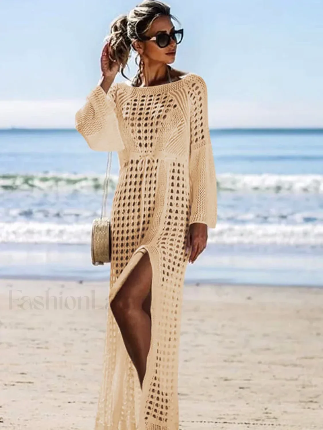 Solid Hollow Lace Up Slit Cut Cover Up - Image 9