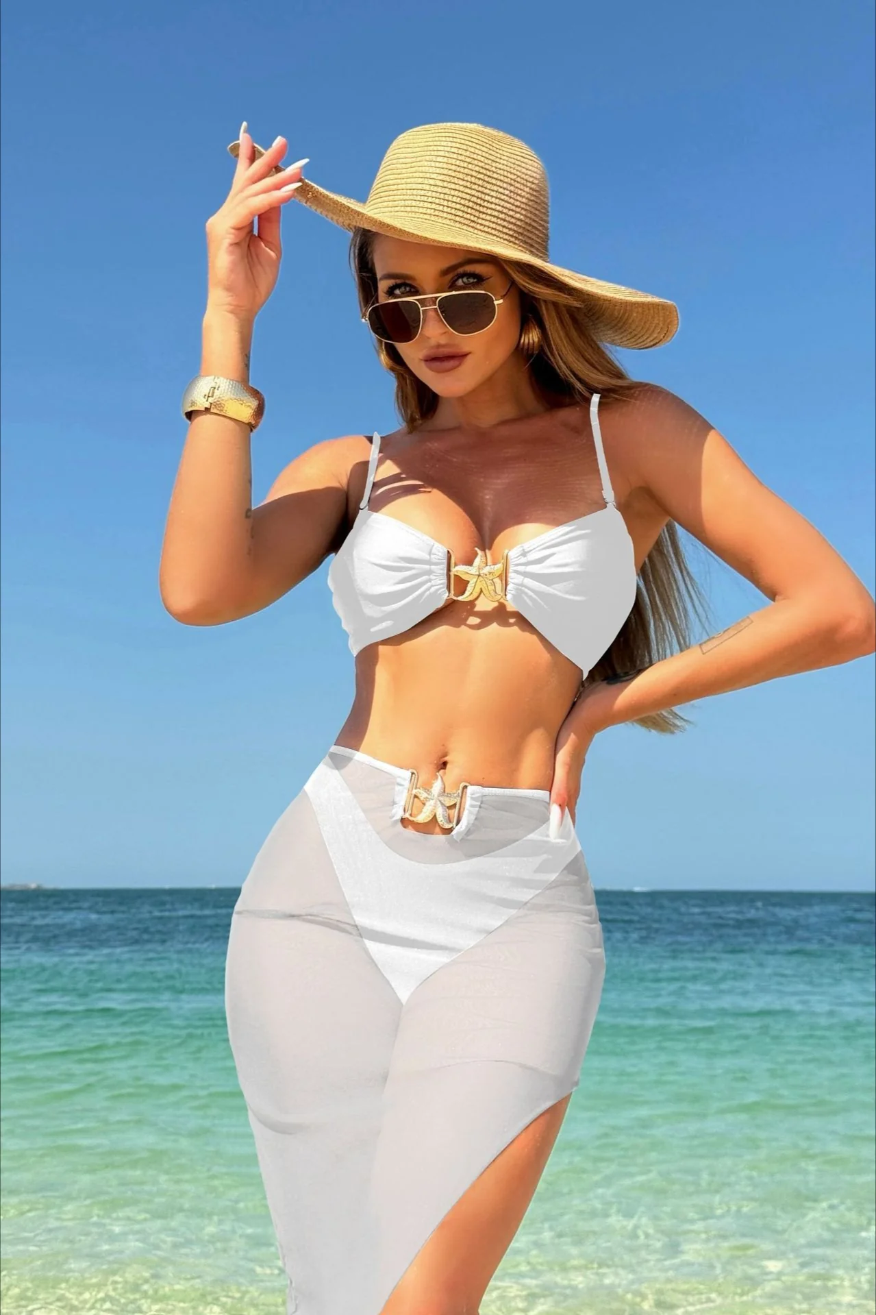 Solid Mesh Long Skirt Three Piece Swim Set - Image 6