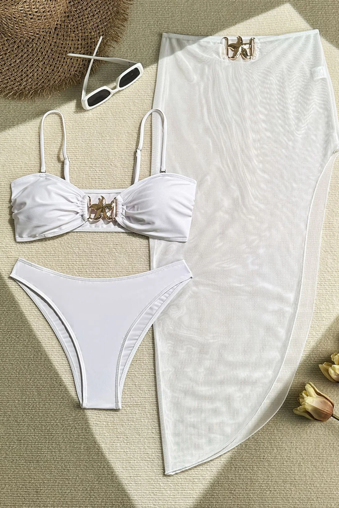 Solid Mesh Long Skirt Three Piece Swim Set - Image 7