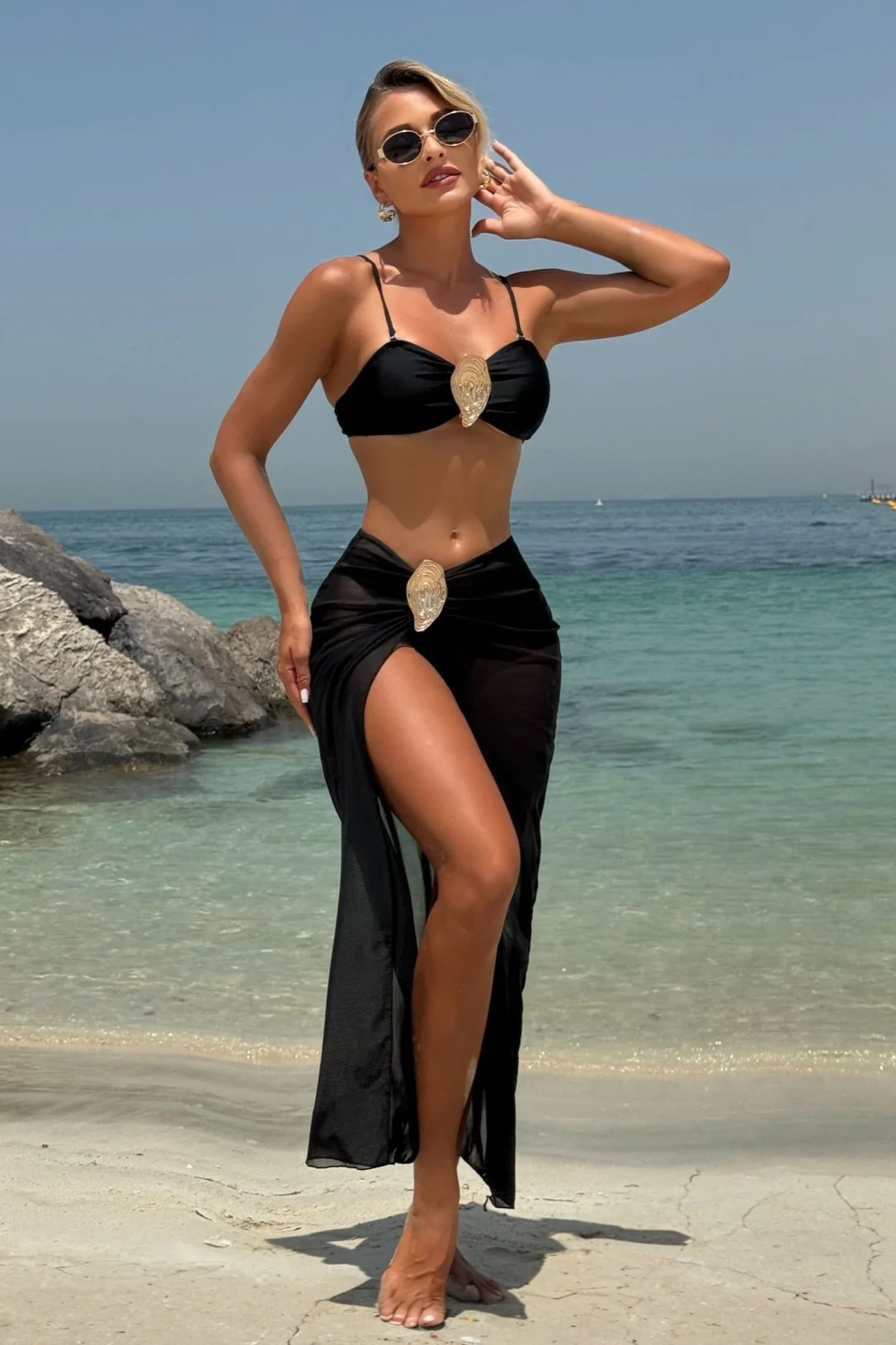 Solid Metal Buckle Strappy Three Piece Swim Set