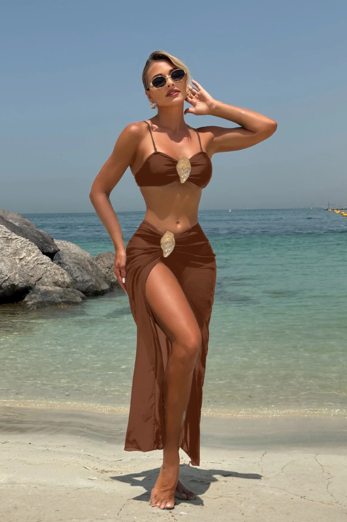 Solid Metal Buckle Strappy Three Piece Swim Set - Image 6