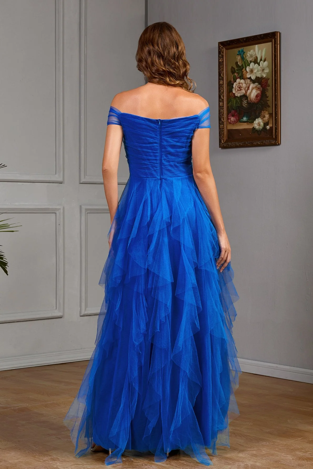 Solid Off Shoulder Tulle Gown Formal Dress - Image 3