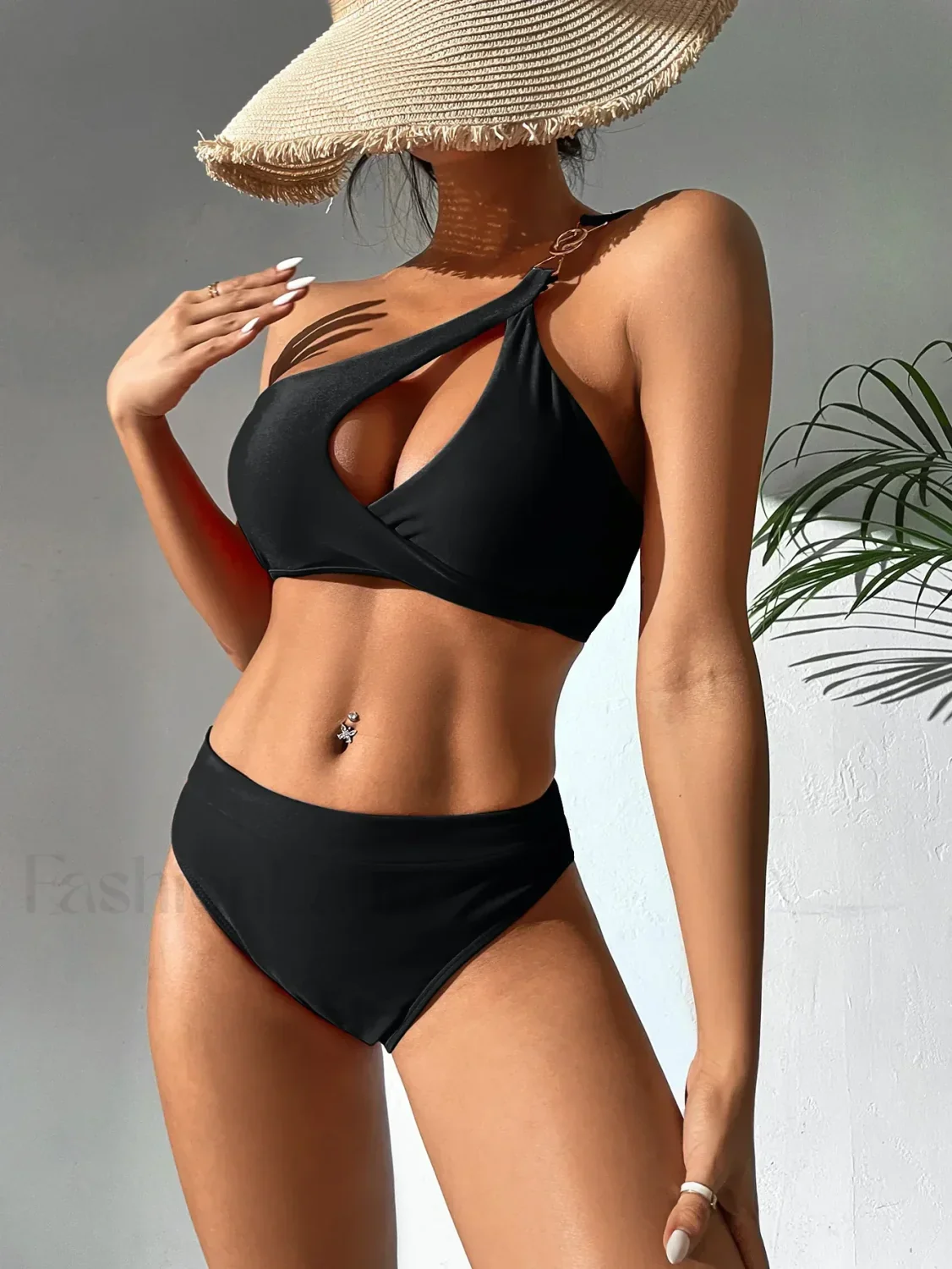 Solid One Shoulder Hollow Push Up Bikini Set - Image 4