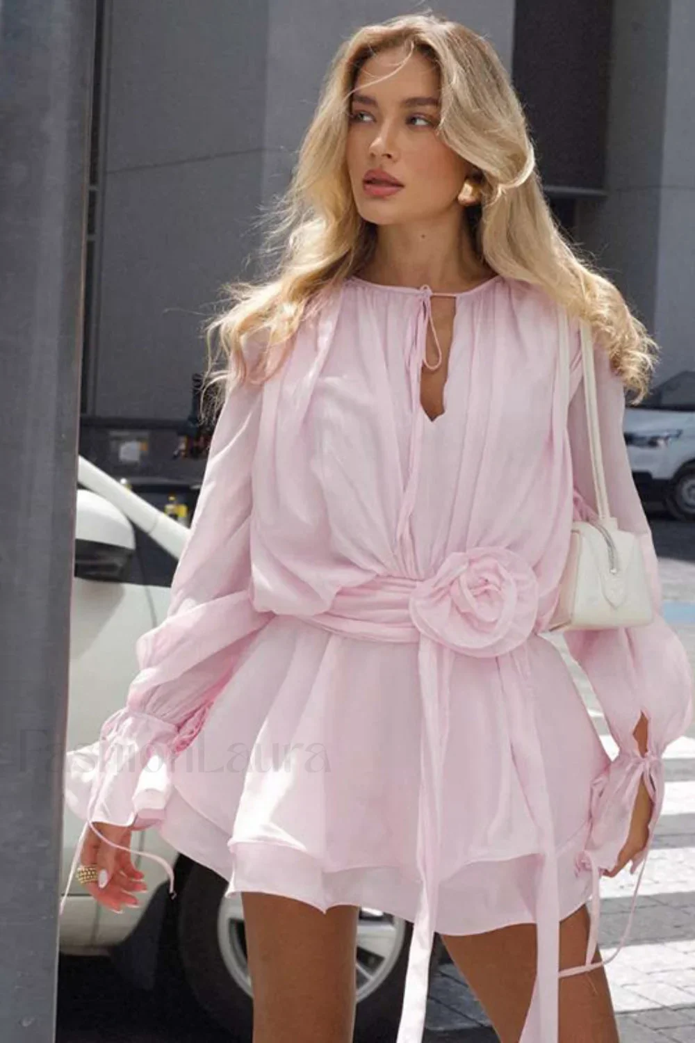 Solid Round Neck Tie Floral Bell Sleeve Bodycon Mini Dress - Image 2