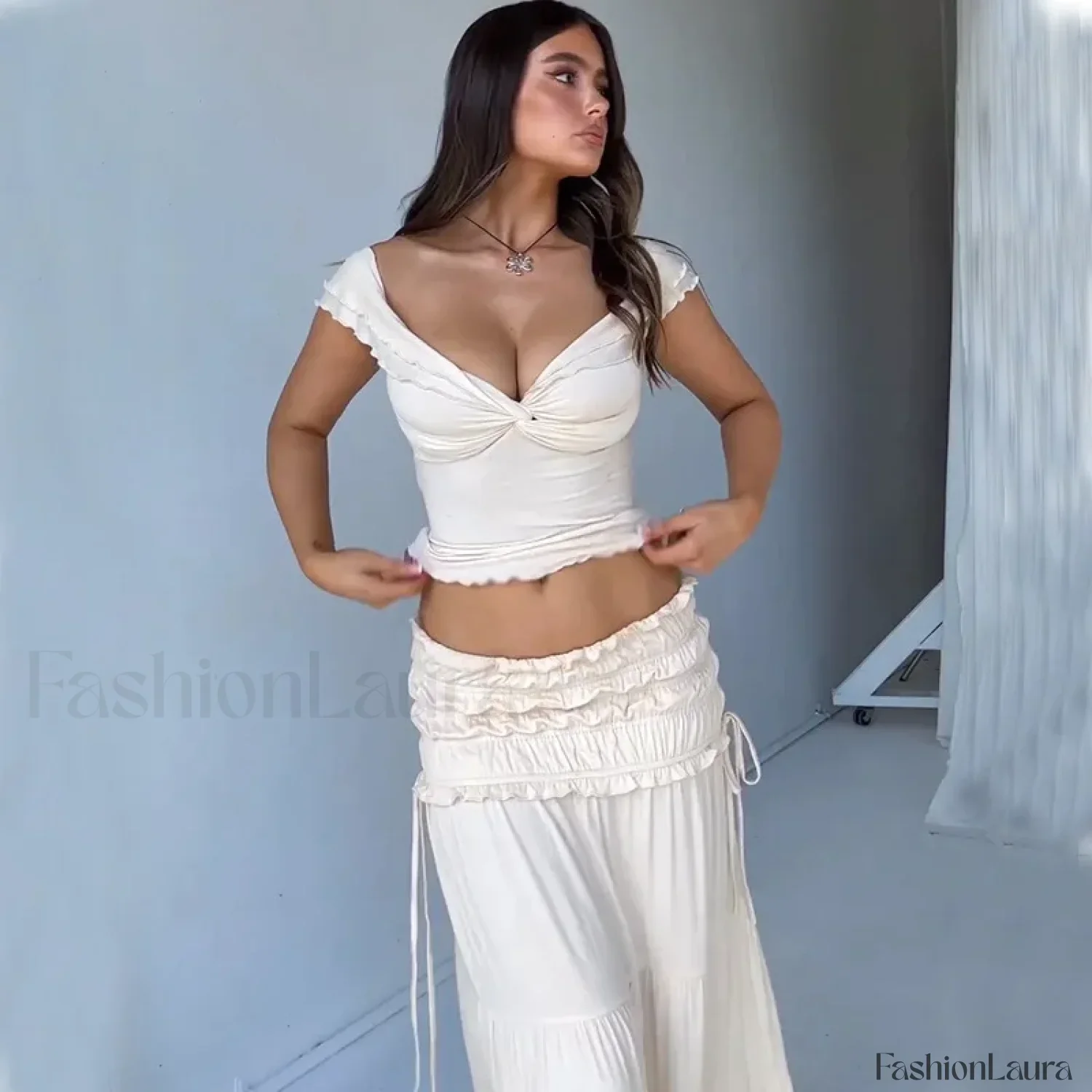 Solid Ruffle Maxi Skirt Knit Two Piece Set - Image 12
