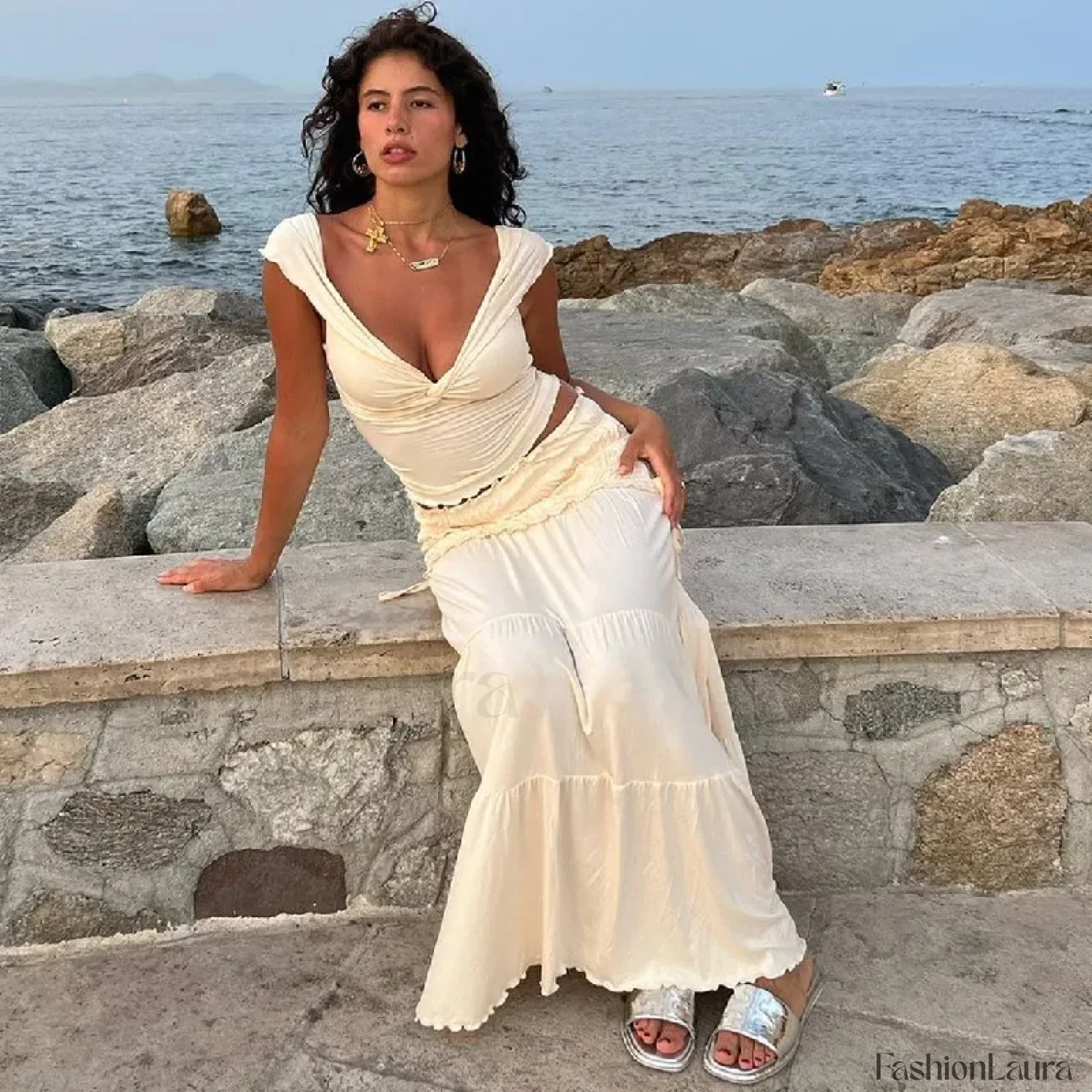Solid Ruffle Maxi Skirt Knit Two Piece Set - Image 15