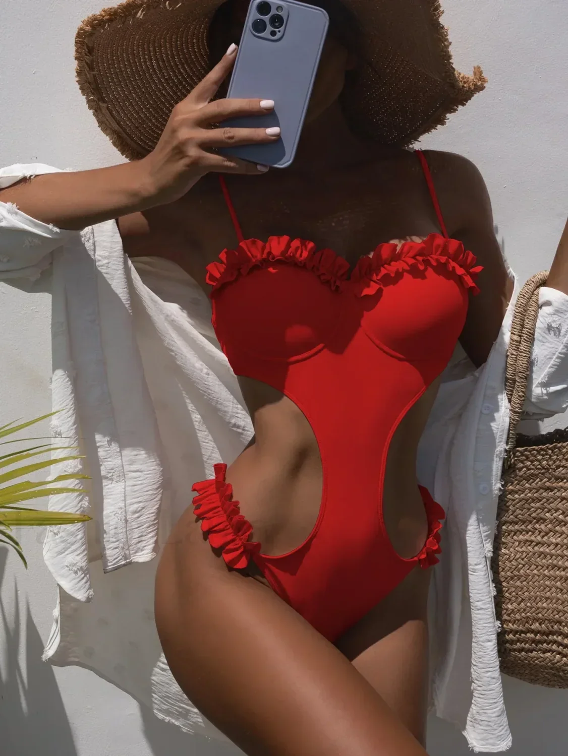 Solid Ruffle Thong Push Up One Piece - Image 5
