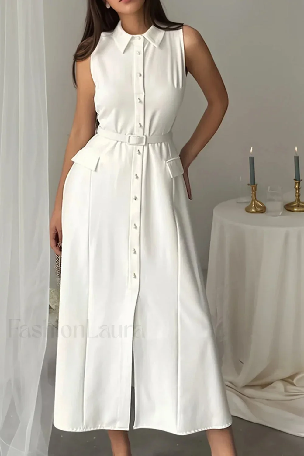 Solid Sleeveless Pearl Buckle Slim Split Maxi Dress - Image 7