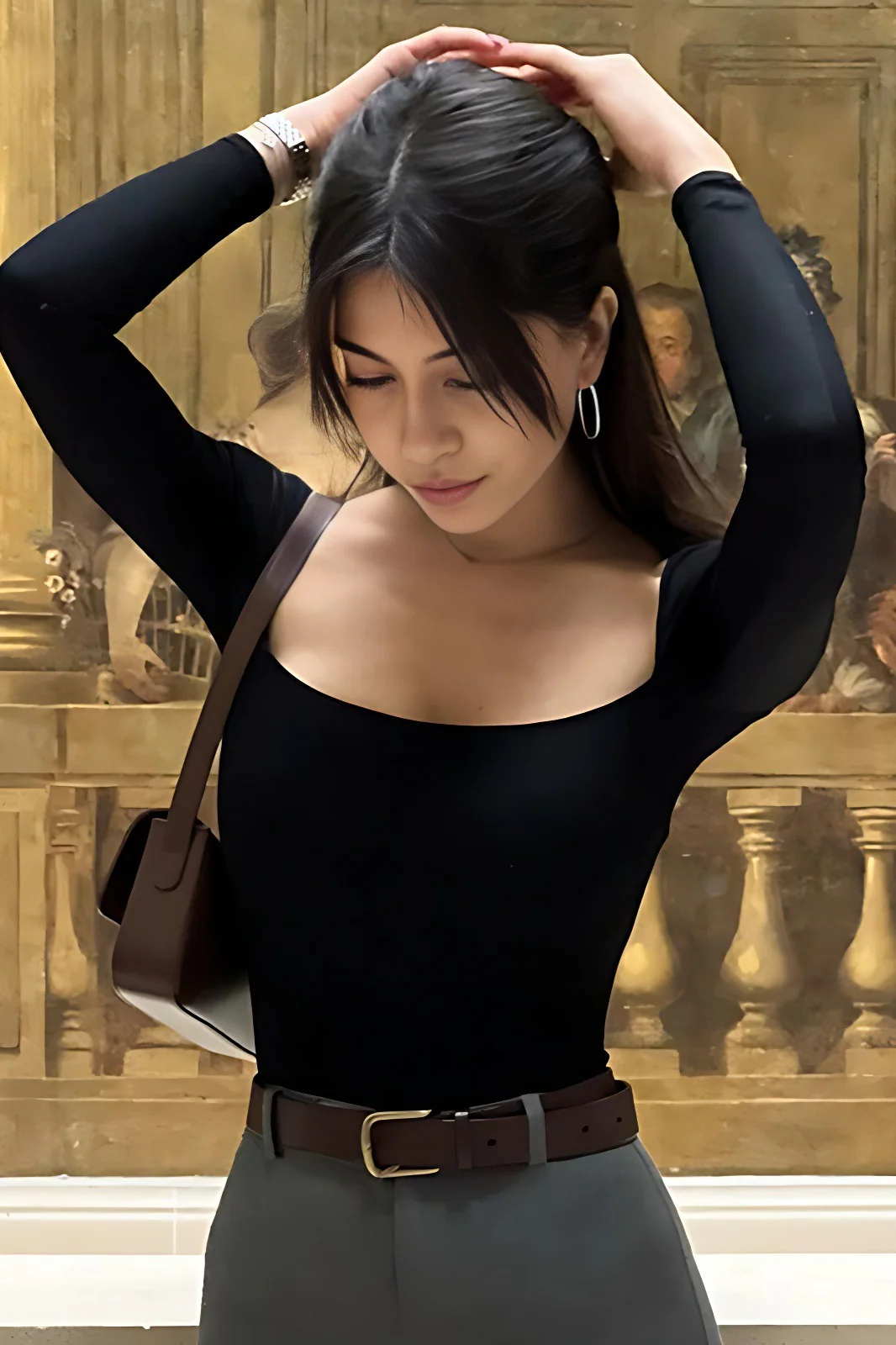 Solid Square Neck Bodycon Long Sleeve Tee - Image 3