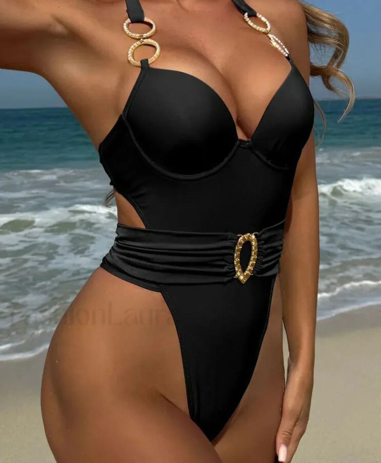Solid Tied Halter Push Up One Piece - Image 2