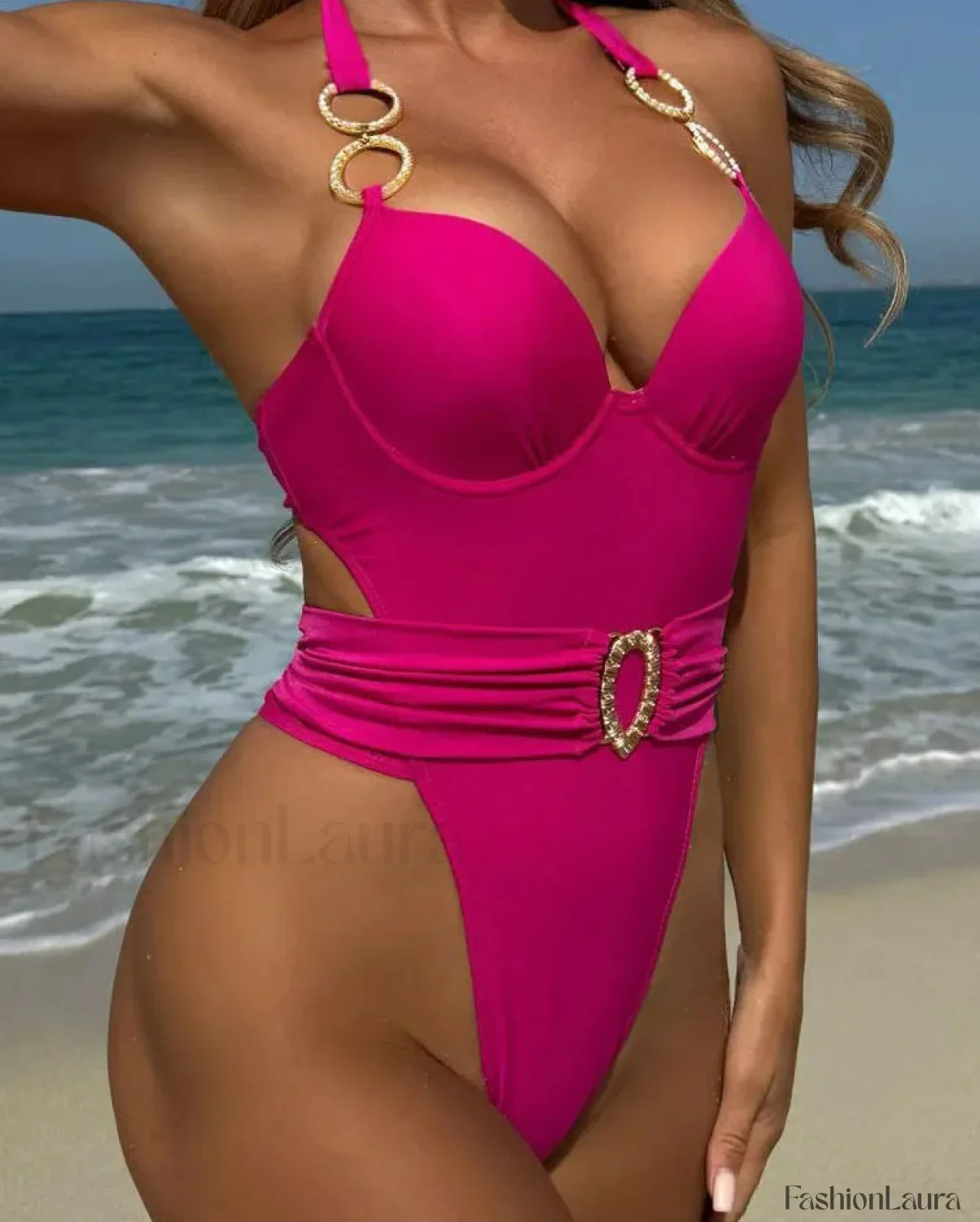 Solid Tied Halter Push Up One Piece - Image 6