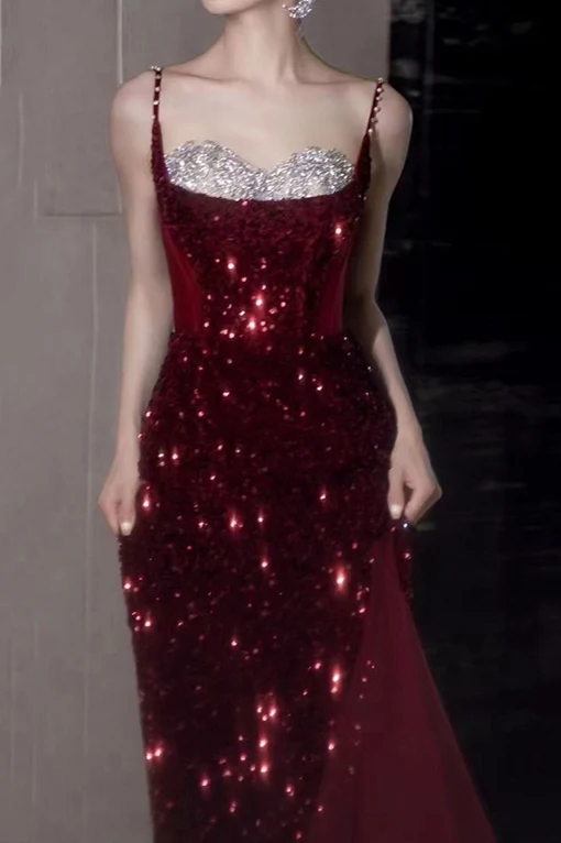Spaghetti Strap Sequin Burgundy Glam Prom Dress - Image 2