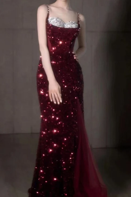 Spaghetti Strap Sequin Burgundy Glam Prom Dress - Image 3