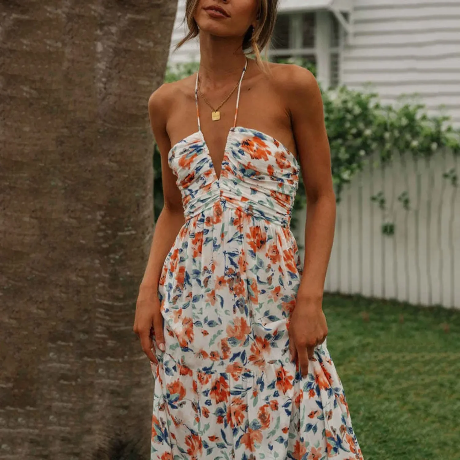 Spaghetti Strap V-neck Floral Dress - Image 12