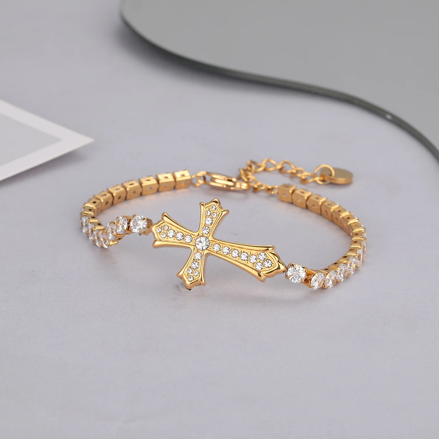 Sparkly Full Zircon Cross Titanium Steel Fadeless Chain Bracelet