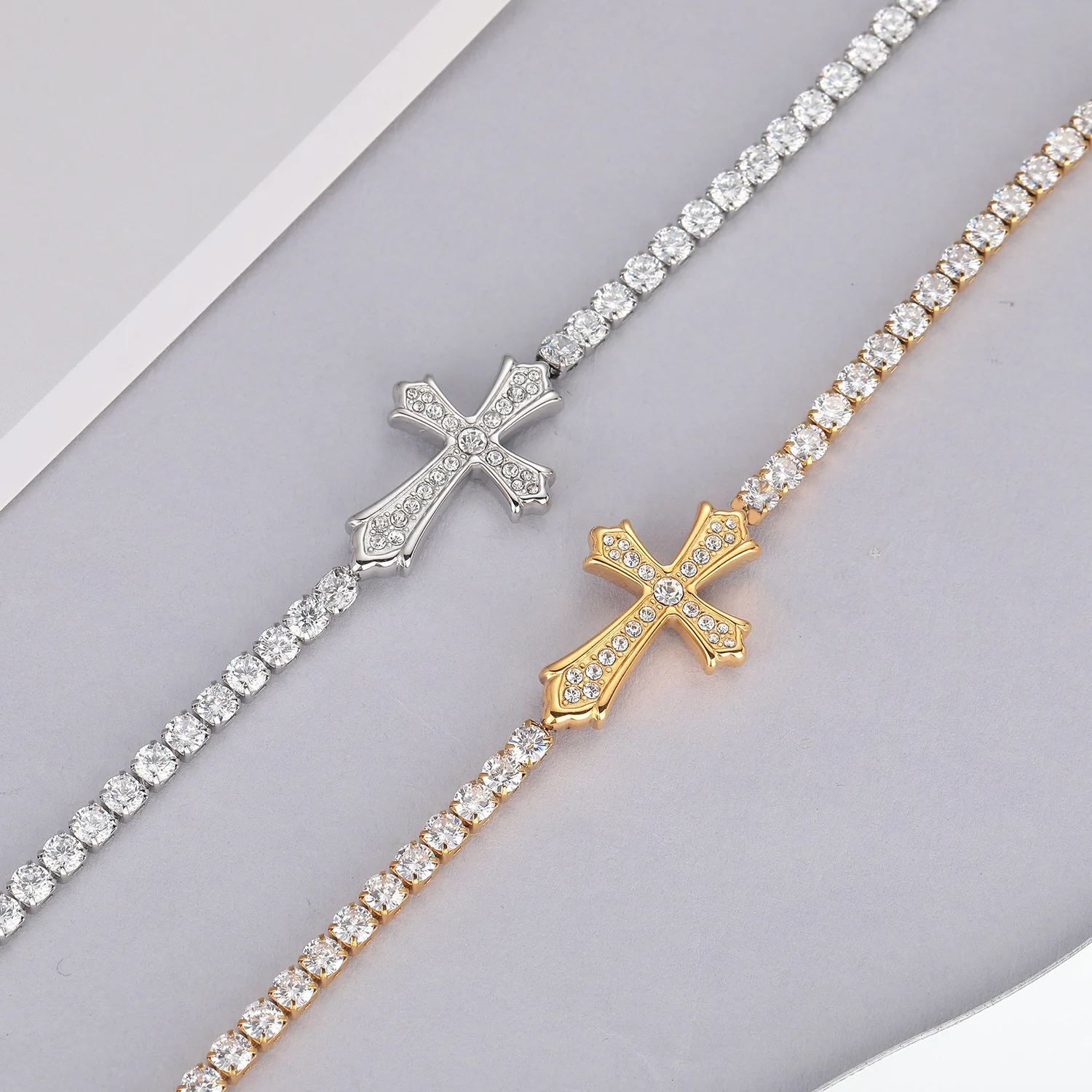 Sparkly Full Zircon Cross Titanium Steel Fadeless Chain Bracelet - Image 2