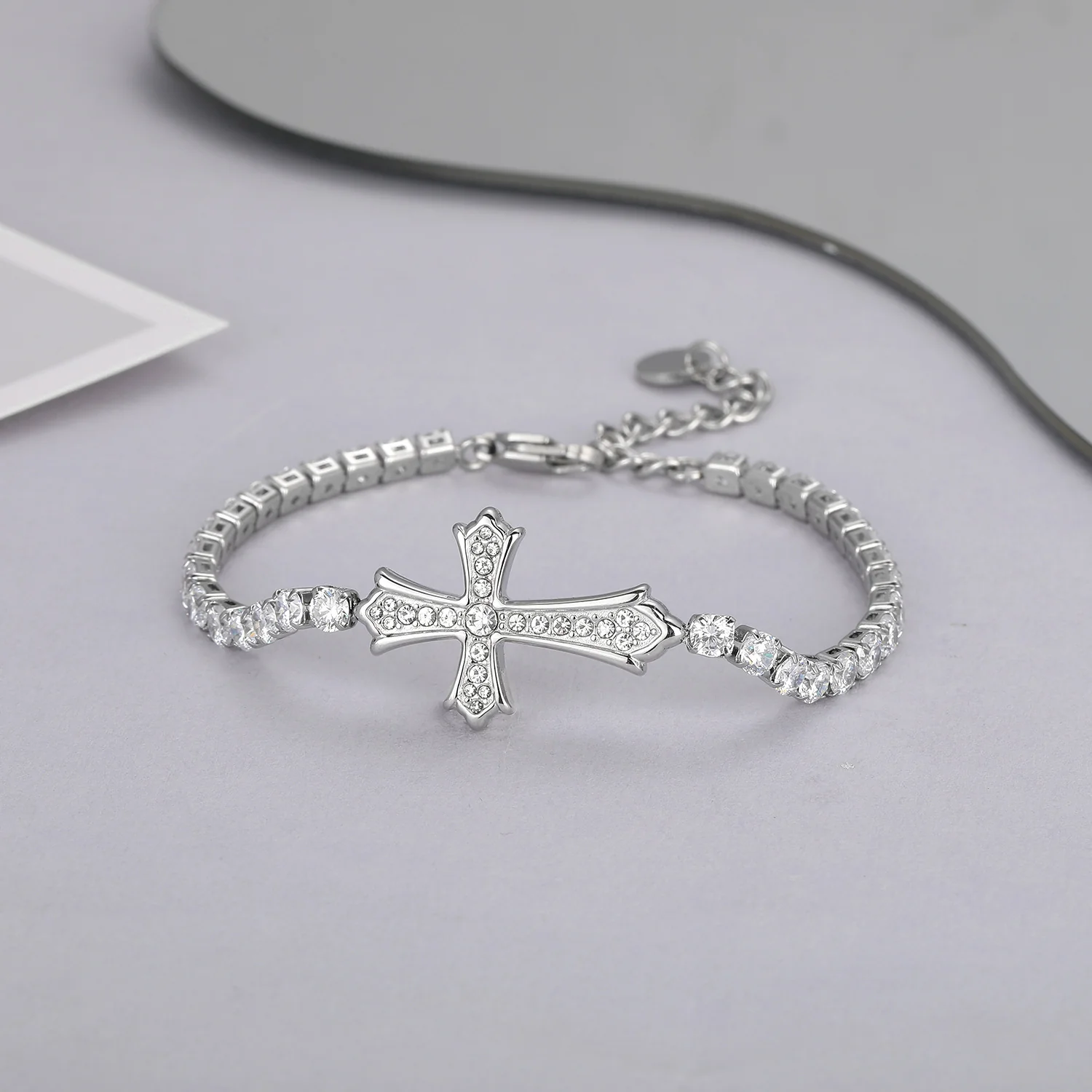 Sparkly Full Zircon Cross Titanium Steel Fadeless Chain Bracelet - Image 3