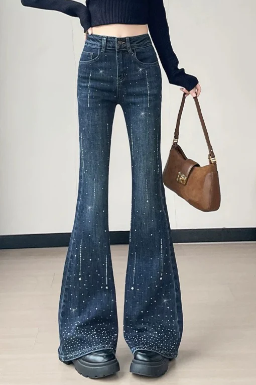Sparkly Rhinestone High Waist Flare Jeans - Image 5