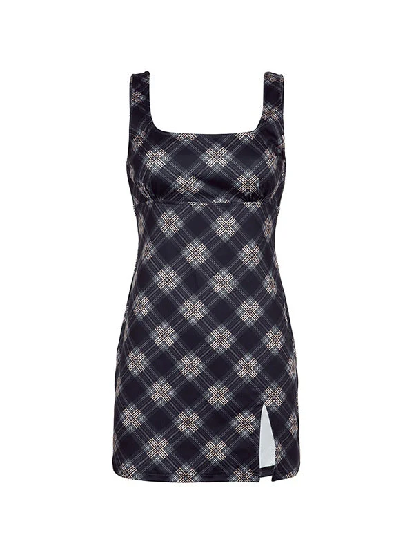 Split Sleeveless Checkered Mini Dress - Image 4