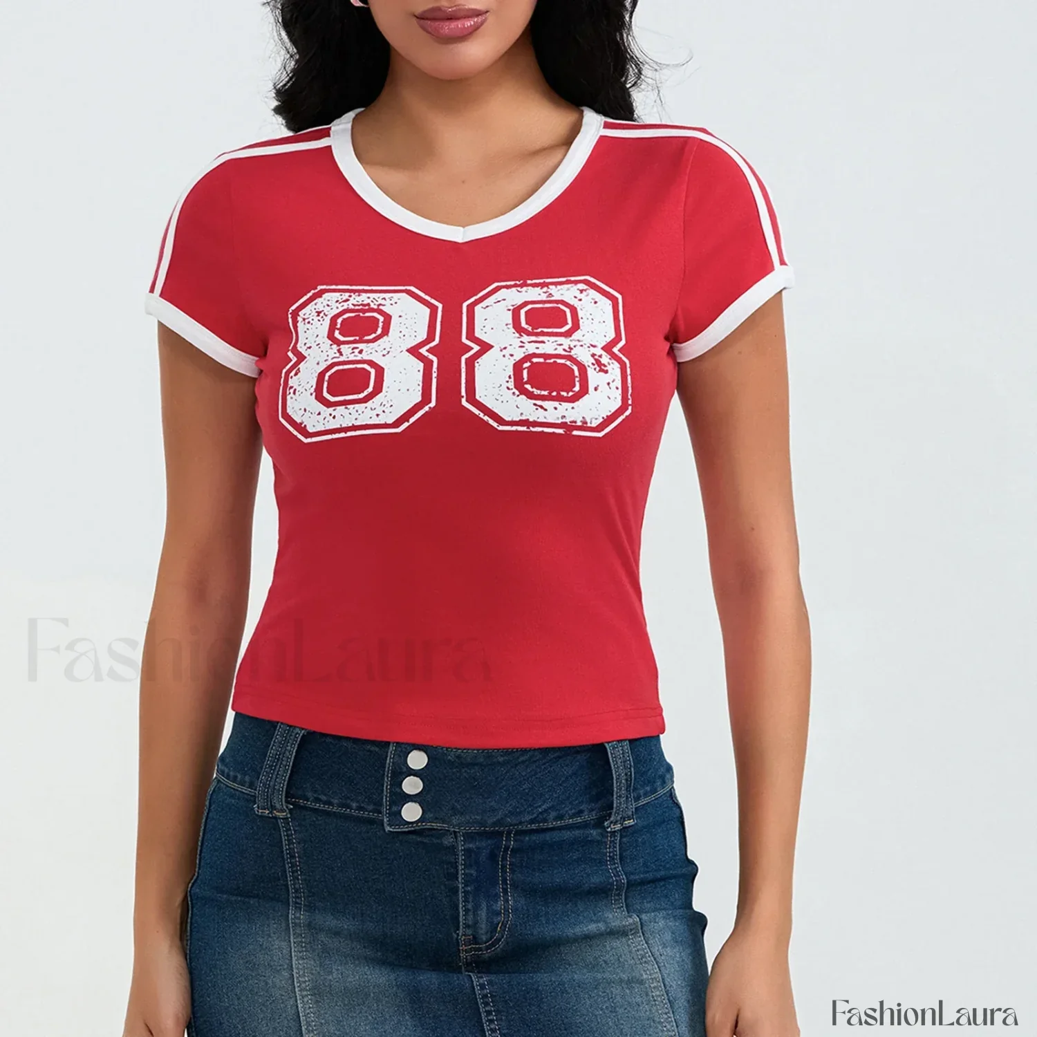 Sporty V Neck Number Print T-Shirt - Image 16