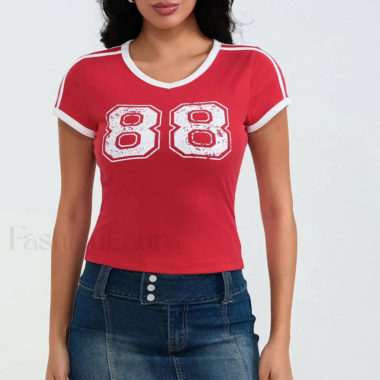 Sporty V Neck Number Print T-Shirt - Image 9