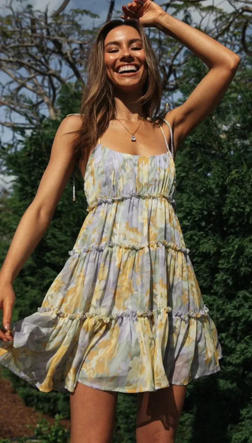 Square Collar Suspender Floral Dress - Image 4