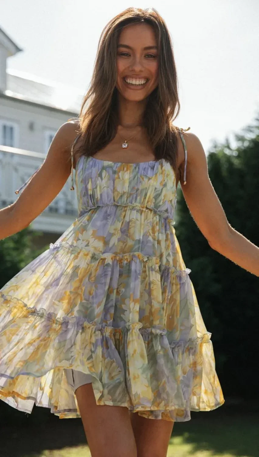 Square Collar Suspender Floral Dress - Image 5