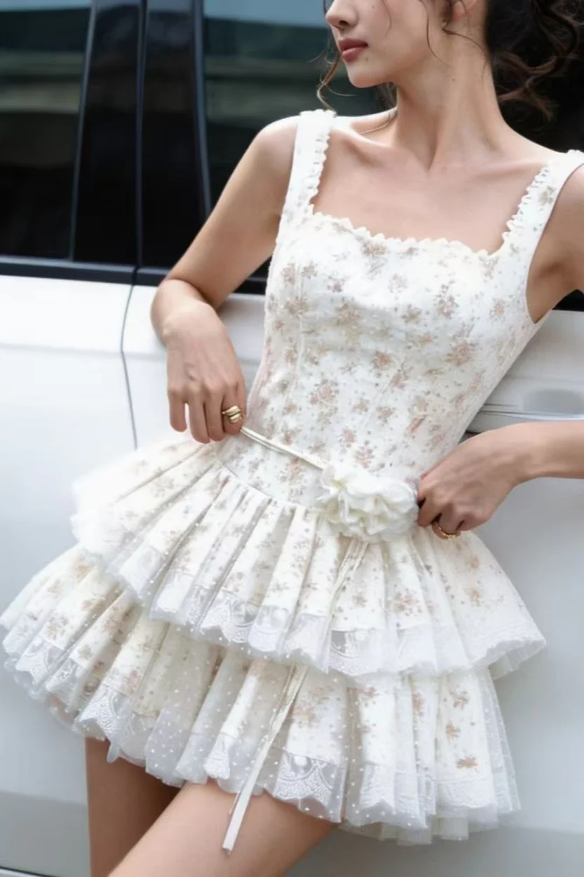 Square Neck Lace Layered Mini Floral Dress - Image 3