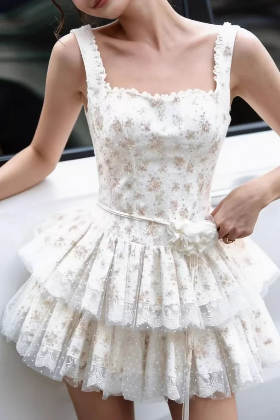 Square Neck Lace Layered Mini Floral Dress - Image 4