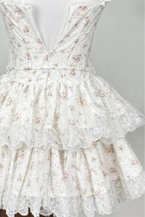 Square Neck Lace Layered Mini Floral Dress - Image 5