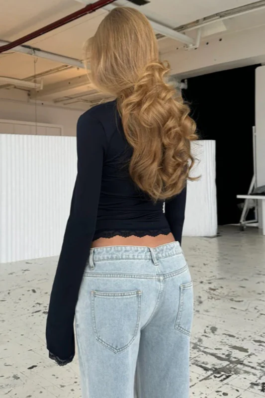 Square Neck Lace Trim Slim Fit Long Sleeve Tee - Image 7