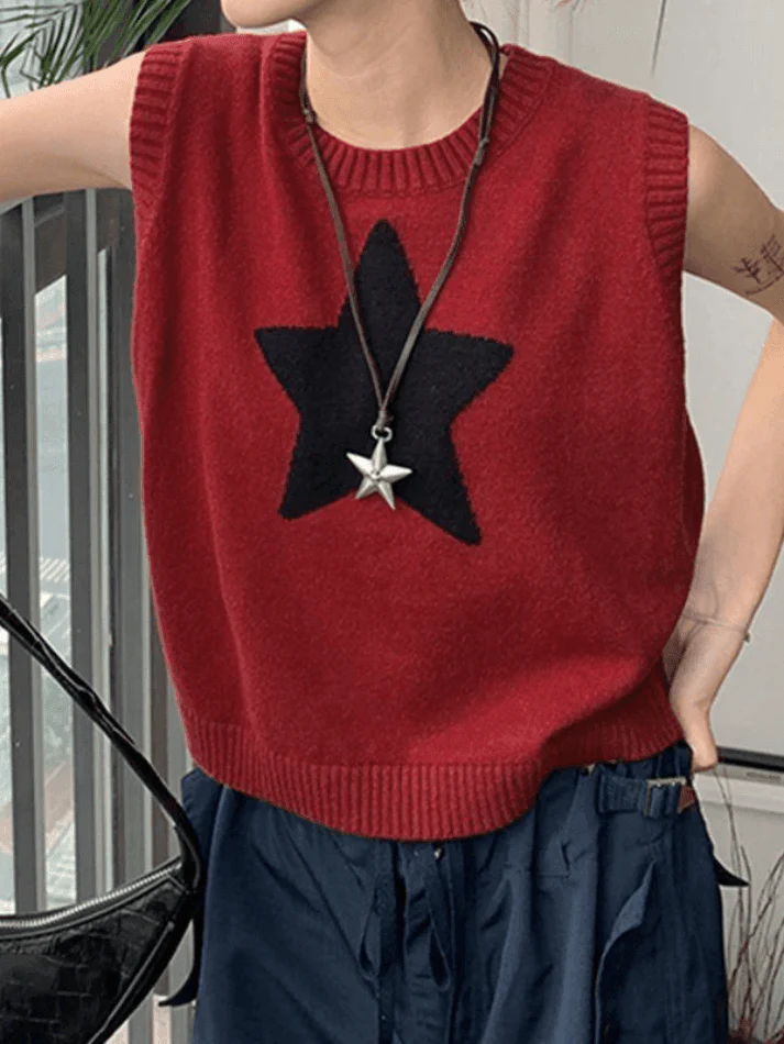 Star Jacquard Crew Neck Cropped Sweater Vest - Image 7