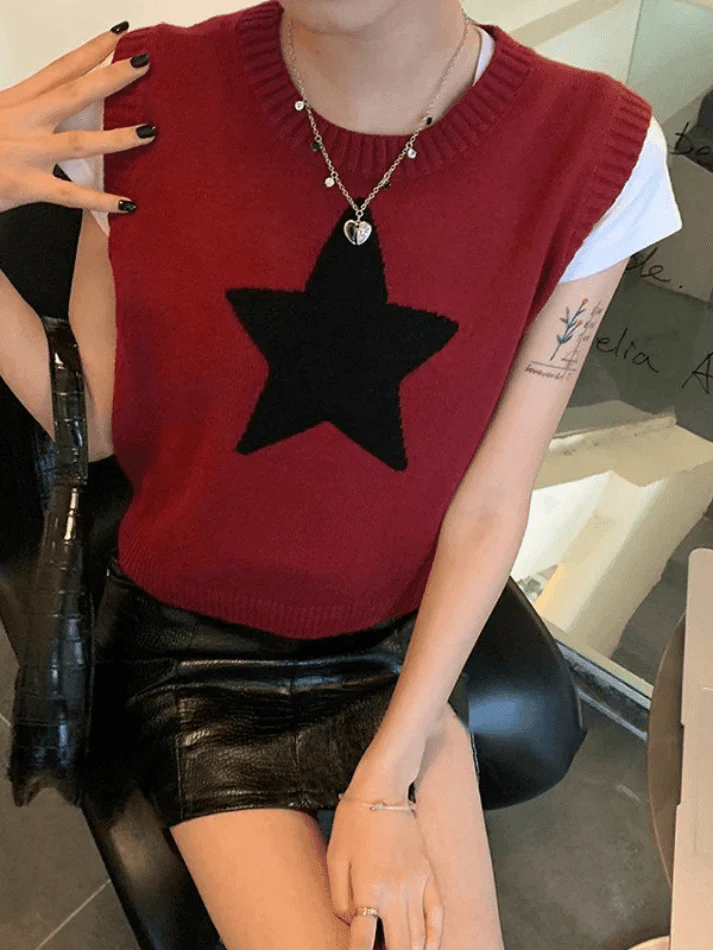 Star Jacquard Crew Neck Cropped Sweater Vest - Image 8