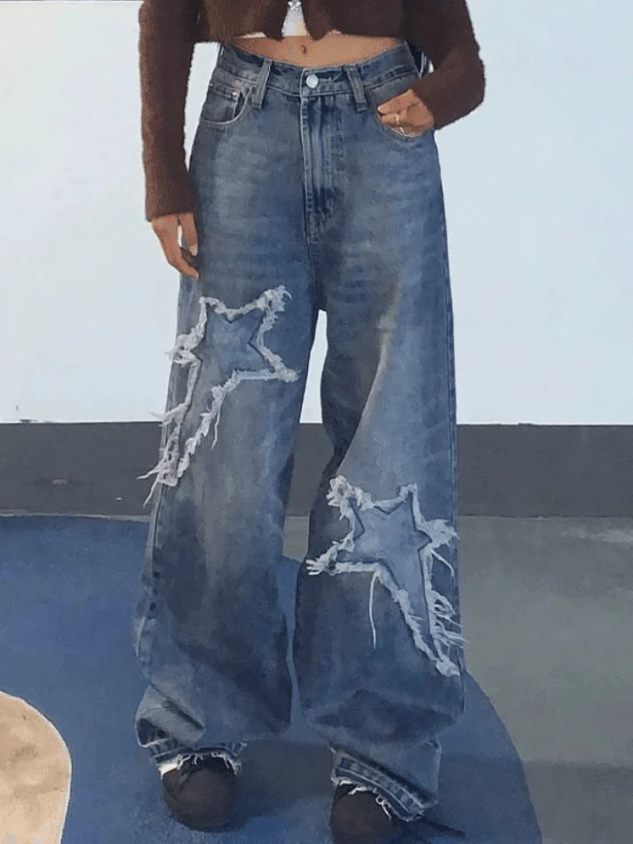 Star Patch Distressed Blue Boyfriend Jeans - Image 8