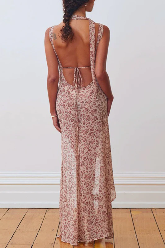Strap Backless Slit Slim Floral Dress - Image 4