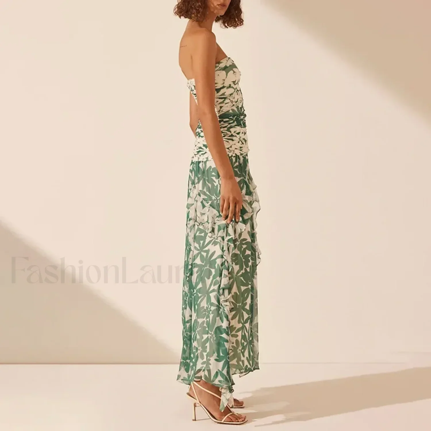 Strapless Pleated Chiffon Floral Dress - Image 3
