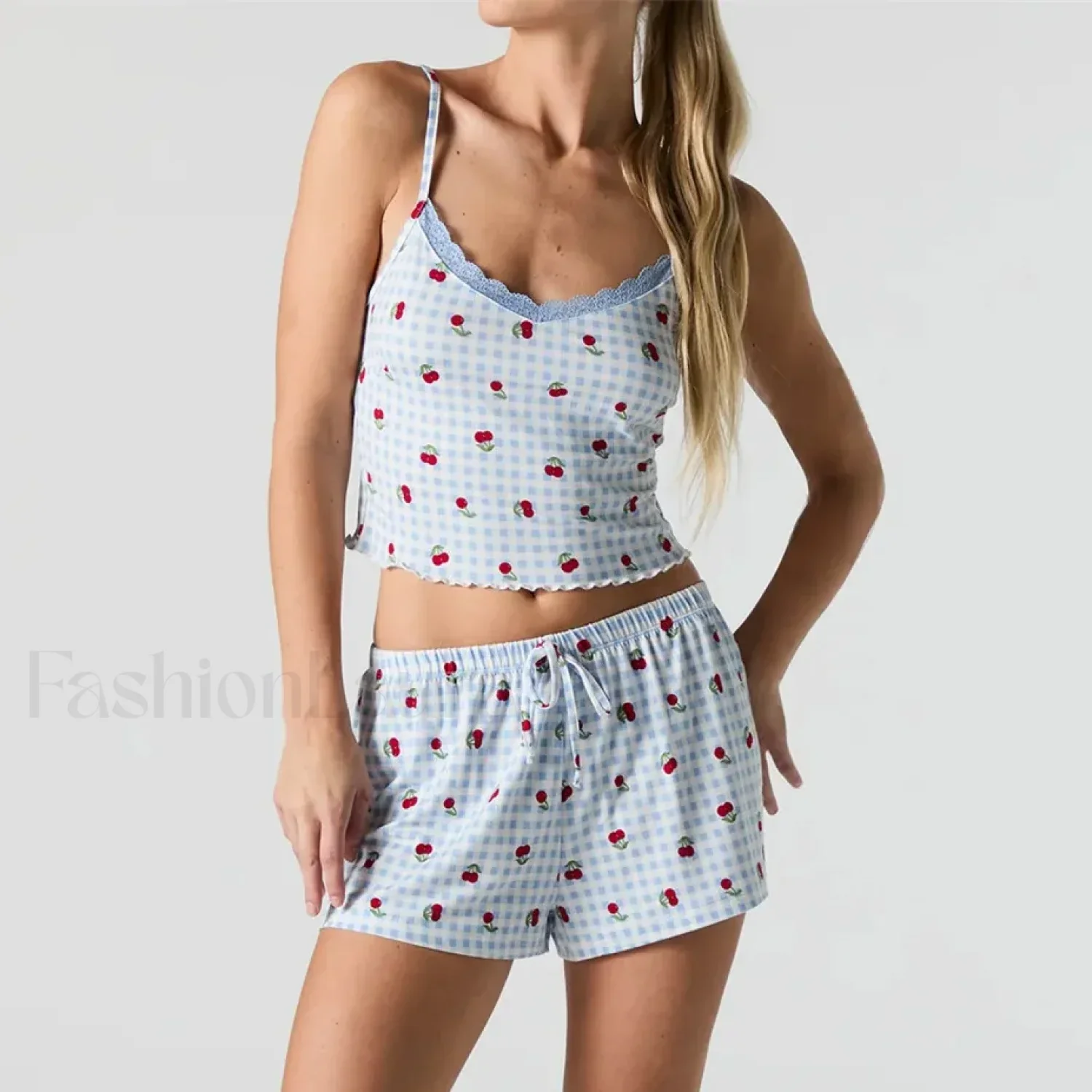 Strawberry Soft Fabric Lace Trim Cami Shorts Two Piece Set - Image 2