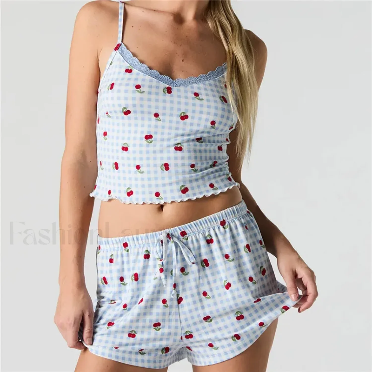 Strawberry Soft Fabric Lace Trim Cami Shorts Two Piece Set - Image 5