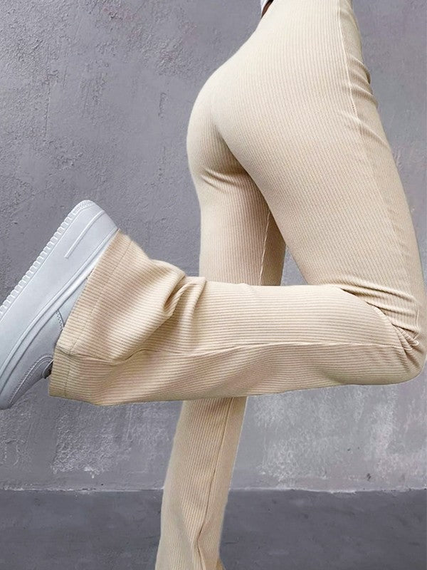 Stretchy Ribbed Flare Leg Pants - Image 2